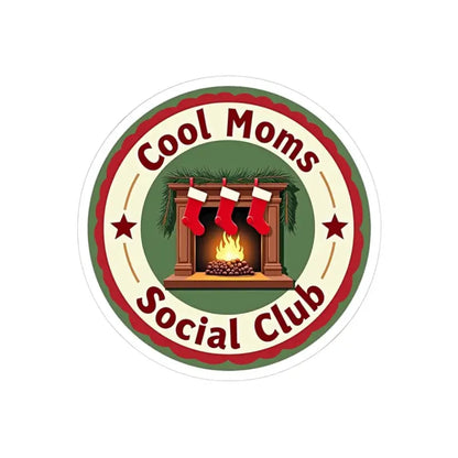 Cool Moms Social Club logo featuring a cozy fireplace and festive stockings