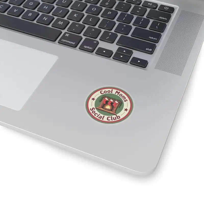 Round Cool Moms Social Club sticker displayed on the Cool Moms Social Club Holiday Sticker