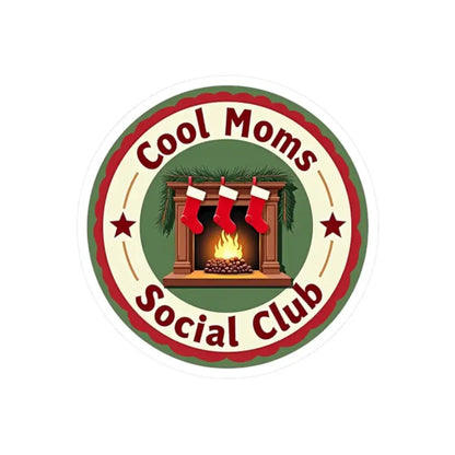 Cool Moms Social Club Christmas sticker featuring a fireplace and festive stockings
