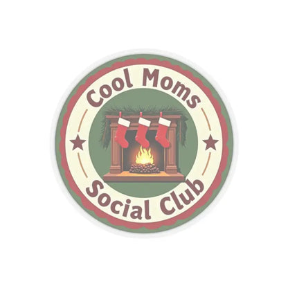 Cool Moms Social Club Christmas sticker featuring a fireplace and stockings design