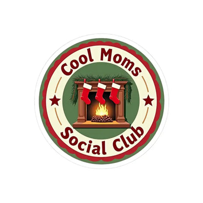 Cool Moms Social Club sticker featuring a cozy fireplace and holiday stockings design