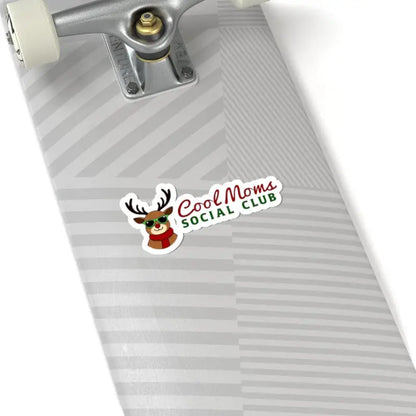 Cool Moms Social Club sticker featuring reindeer in sunglasses and scarf for holiday decor