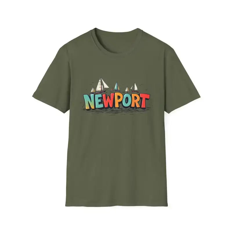 Olive green t-shirt with colorful Newport sailboat graphic