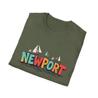 Olive green oversized crew neck t-shirt with colorful Newport sailboat graphic