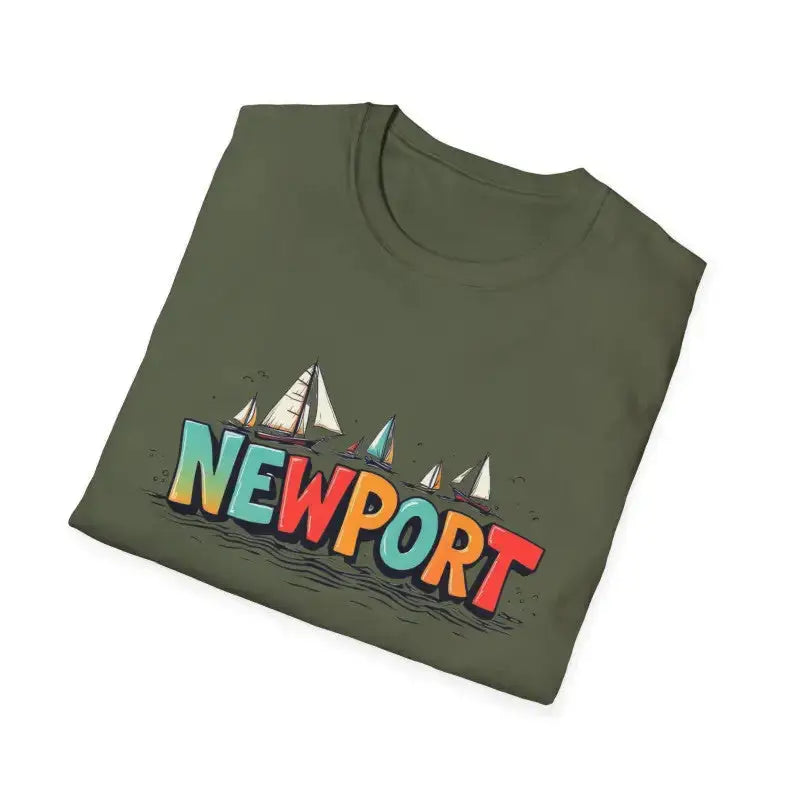 Olive green oversized crew neck t-shirt with colorful Newport sailboat graphic