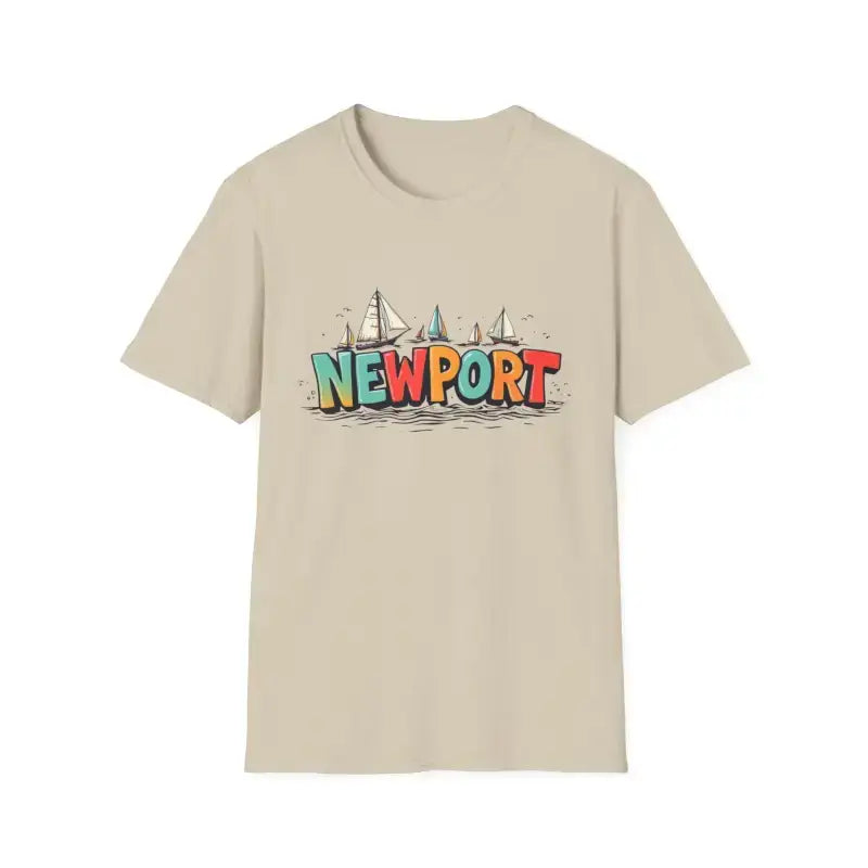 Coral pink oversized crew neck t-shirt with Newport sailboat graphic