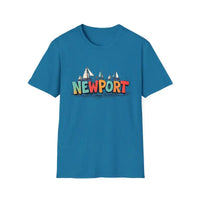 Blue Newport sailboat graphic on coral pink oversized crew neck t-shirt