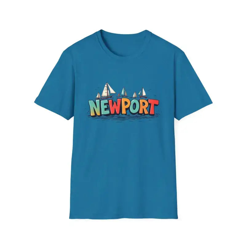 Blue Newport sailboat graphic on coral pink oversized crew neck t-shirt