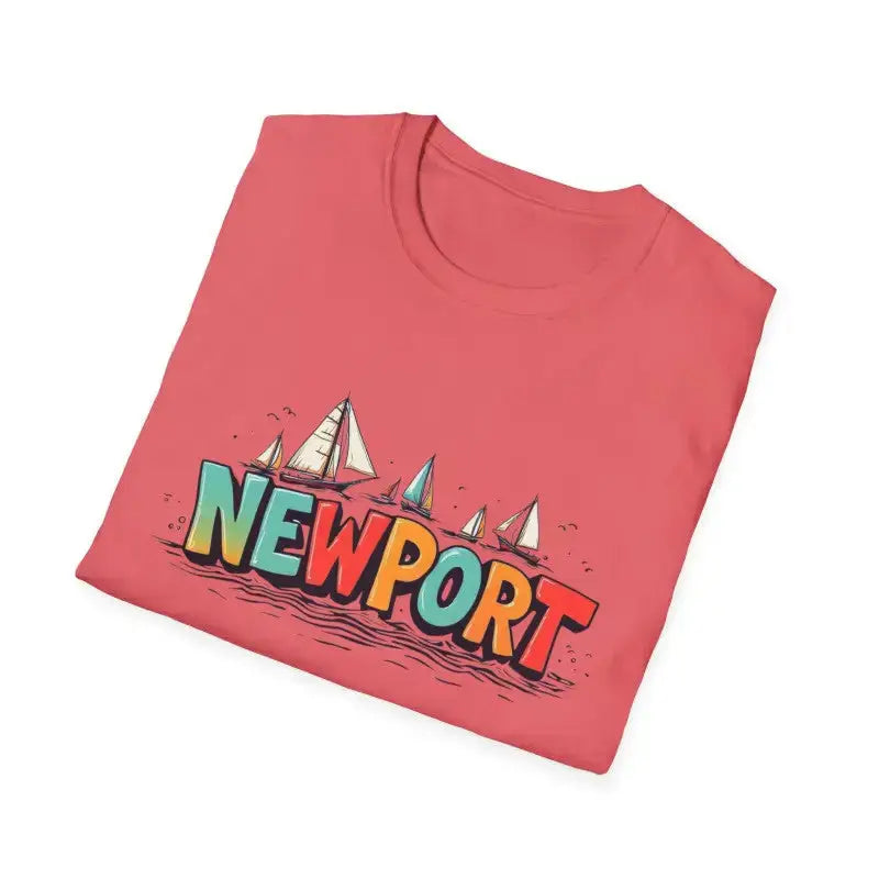 Coral pink oversized crew neck t-shirt with Newport sailboat graphic