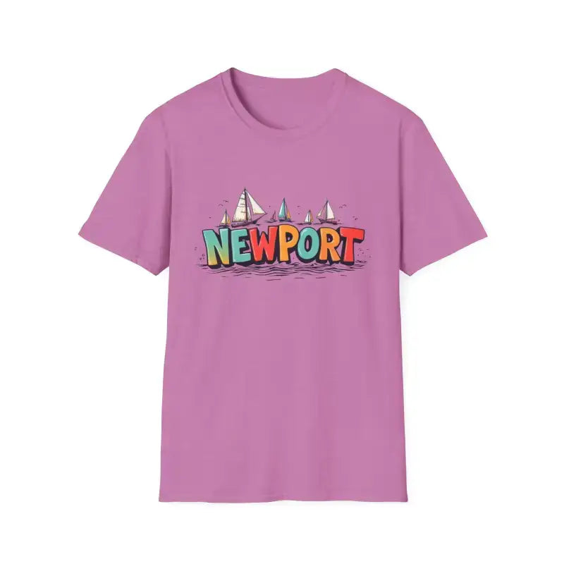 Coral pink oversized crew neck t-shirt with Newport sailboat graphic