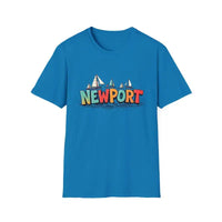 Royal blue oversized crew neck T-shirt with colorful Newport sailboat graphic
