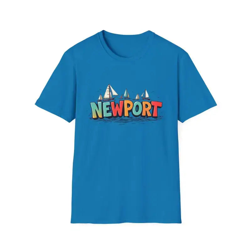 Royal blue oversized crew neck T-shirt with colorful Newport sailboat graphic