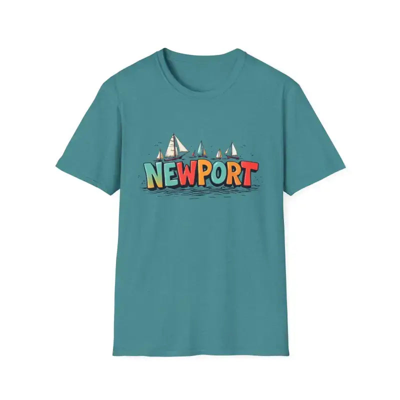 Teal Newport sailboat graphic on oversized crew neck t-shirt