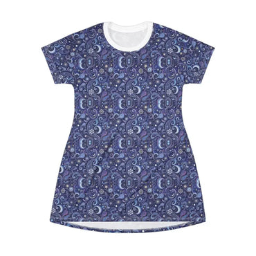 Blue paisley and celestial print dress from the Cosmic Paisley T-Shirt Dress collection