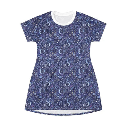 Blue paisley and celestial print dress from the Cosmic Paisley T-Shirt Dress collection