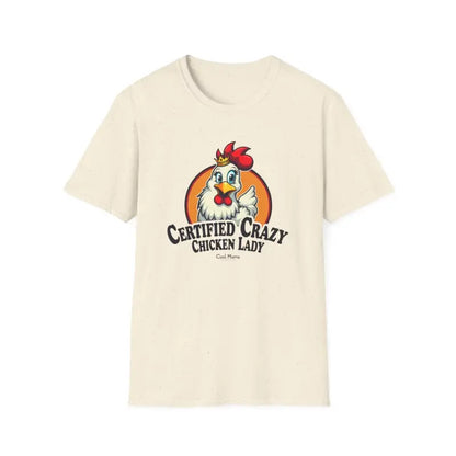 Beige Crazy Chicken Lady T-shirt featuring a playful chicken graphic design