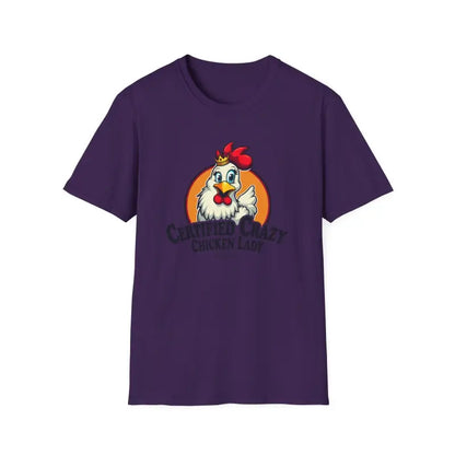 Purple Crazy Chicken Lady T Shirt featuring a playful chicken graphic design