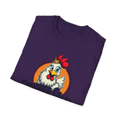 Folded purple t-shirt featuring a chicken graphic from Crazy Chicken Lady T Shirt