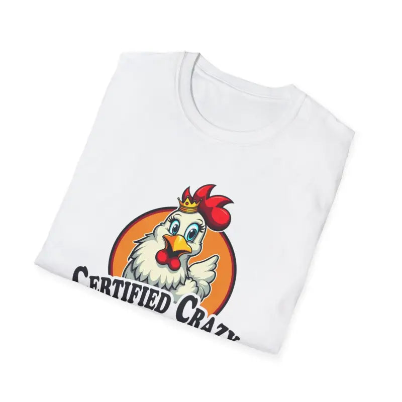 Folded white t-shirt featuring a chicken graphic from the Crazy Chicken Lady collection