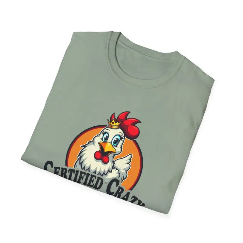 Folded Crazy Chicken Lady T Shirt featuring a whimsical cartoon chicken design