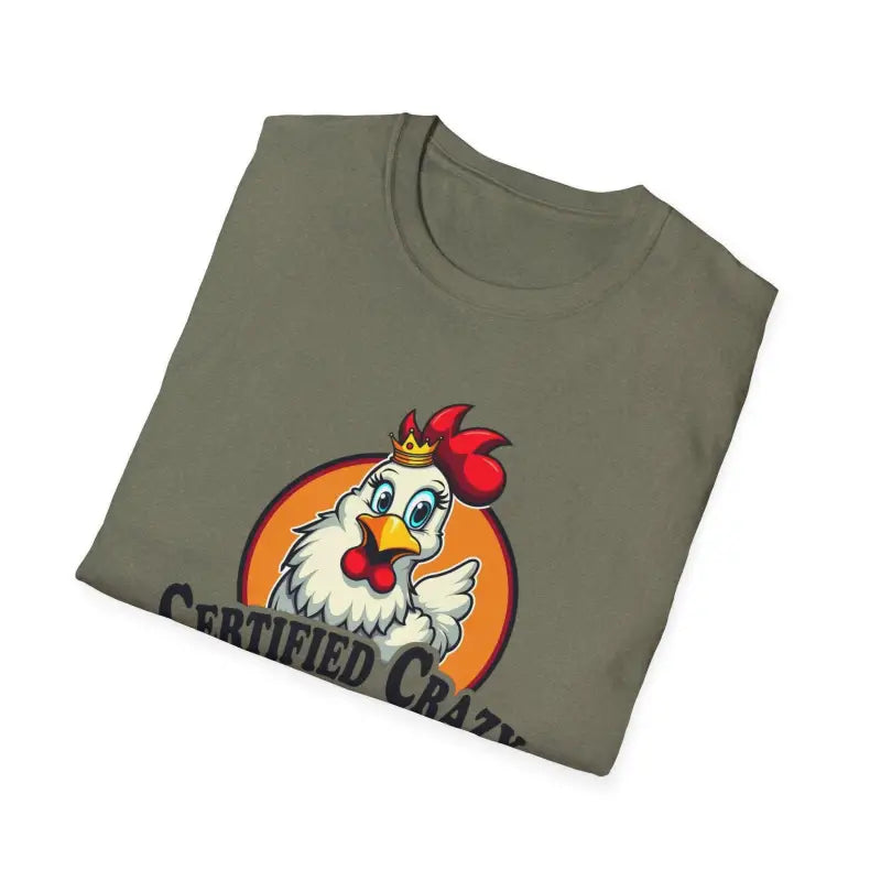 Folded Crazy Chicken Lady T Shirt featuring a fun cartoon chicken design