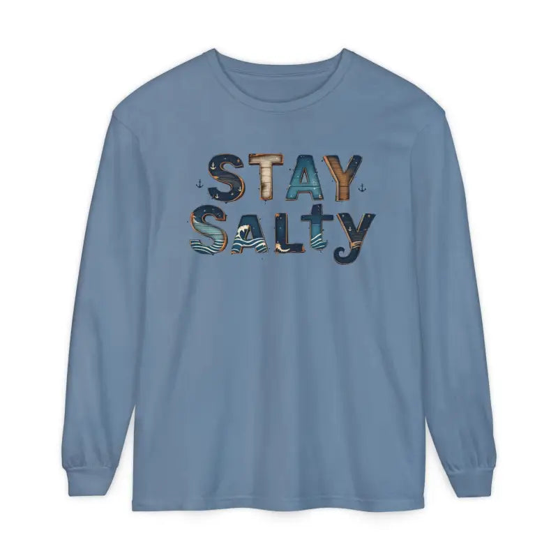 Cream Coral Pink Stay Salty Graphic Long Sleeve T Shirt with crew neck and STAY SALTY text