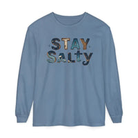 Cream Coral Pink Stay Salty Graphic Long Sleeve T Shirt with crew neck and STAY SALTY text