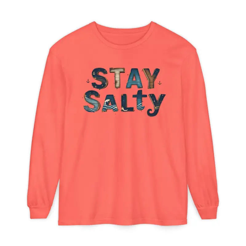 Long-sleeved coral pink T shirt with STAY Salty graphic from Cream Coral Pink Stay Salty collection