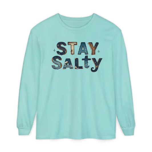 Light blue long-sleeved T-shirt with Stay Salty graphic print from Cream Coral Pink collection