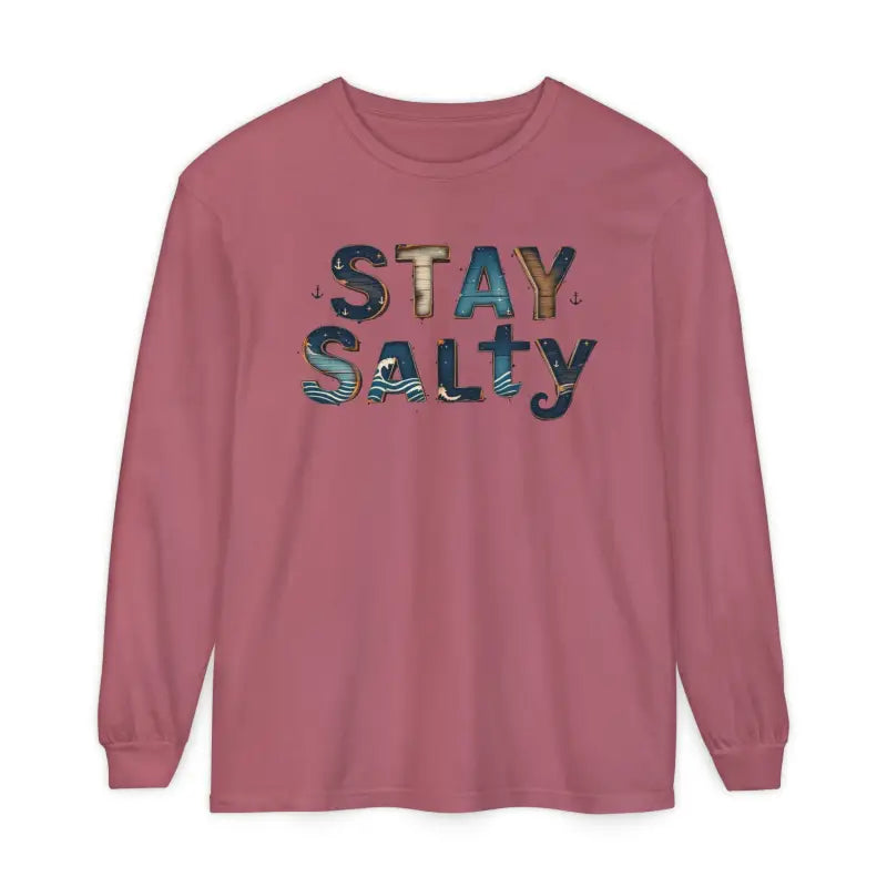 Pink long-sleeved crew-neck T-shirt with STAY Salty graphic from Cream Coral Pink collection