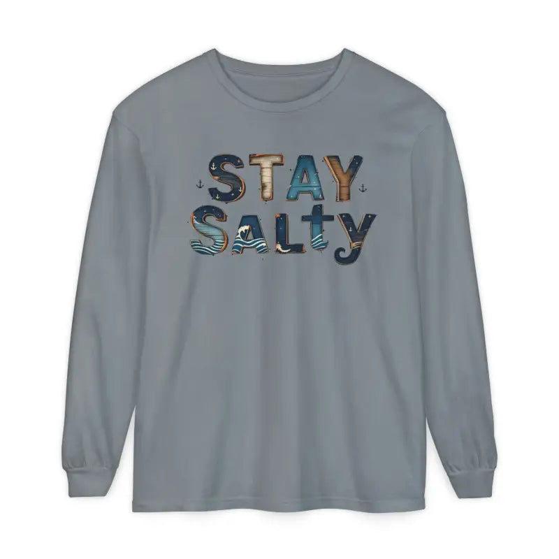 Long-sleeved gray T-shirt with STAY SALTY text from Cream Coral Pink Stay Salty collection