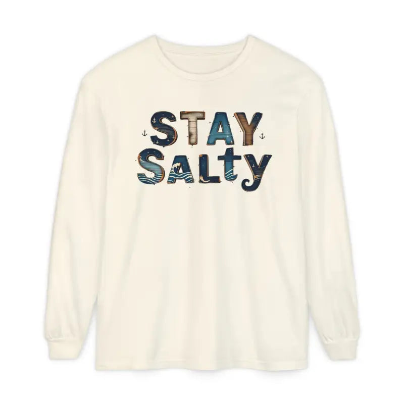 Cream Coral Pink Stay Salty Graphic Long Sleeve T Shirt displayed with a stylish design