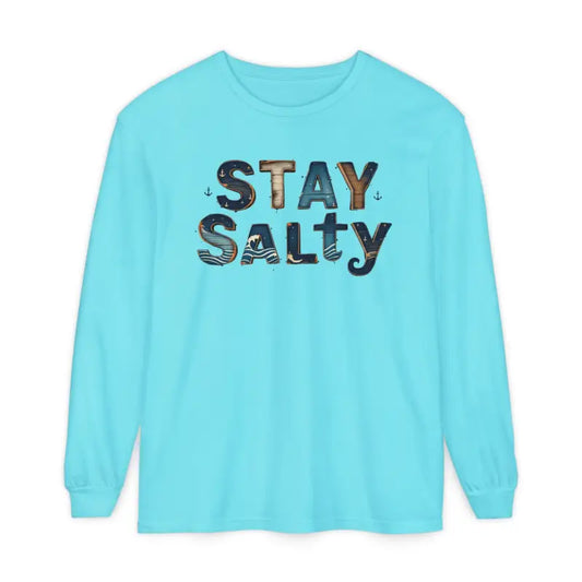Light blue long-sleeved T-shirt with Stay Salty graphic print from Cream Coral Pink collection