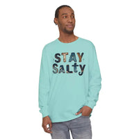 Long-sleeved teal T-shirt with STAY SALTY graphic print from Cream Coral Pink collection