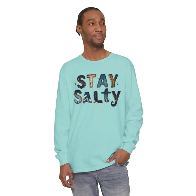 Long-sleeved teal T-shirt with STAY SALTY graphic print from Cream Coral Pink collection
