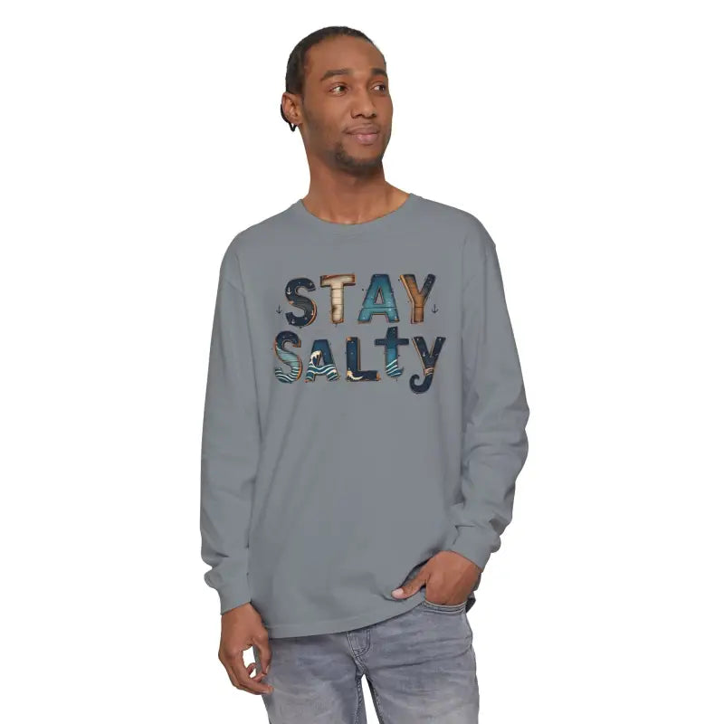 Cream Coral Pink Stay Salty Graphic Long Sleeve T Shirt for Men