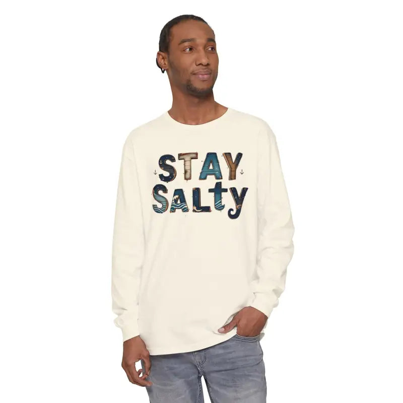 Men’s off-white long-sleeved T-shirt with Stay Salty graphic print
