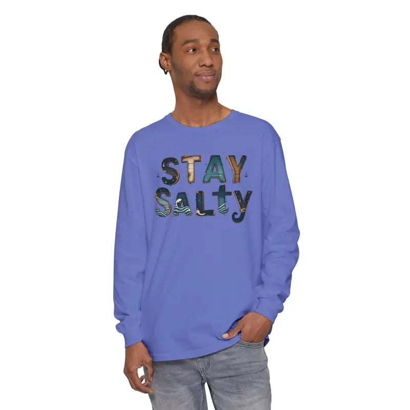 Men’s cream coral pink long sleeve crewneck t-shirt with Stay Salty graphic design
