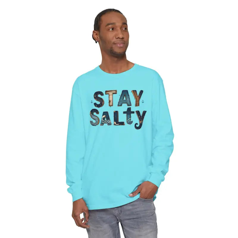 Men’s long-sleeved teal T-shirt with Stay Salty graphic print from Cream Coral Pink collection
