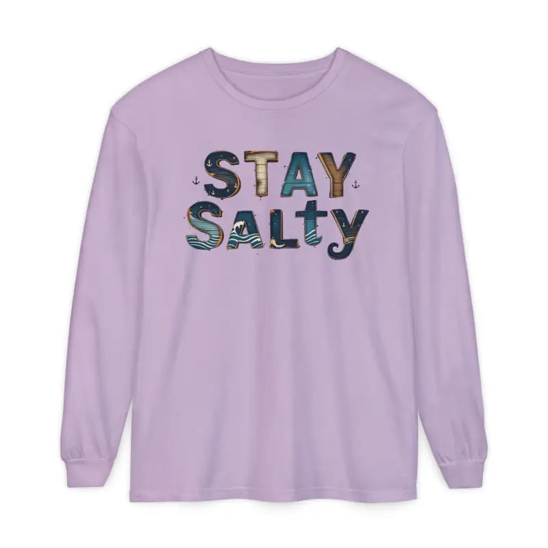 Cream Coral Pink Long Sleeve T Shirt with Lavender Crewneck and Stay Salty Graphic