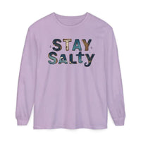 Cream Coral Pink Long Sleeve T Shirt with Lavender Crewneck and Stay Salty Graphic