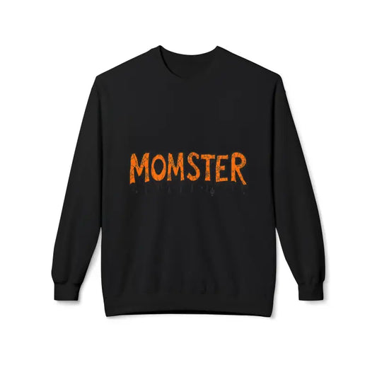 Beige long-sleeved crewneck sweatshirt featuring MOMSTER dripping letter graphic