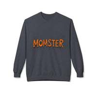 Dark gray long-sleeved sweatshirt with MOMSTER distressed orange lettering, crewneck style