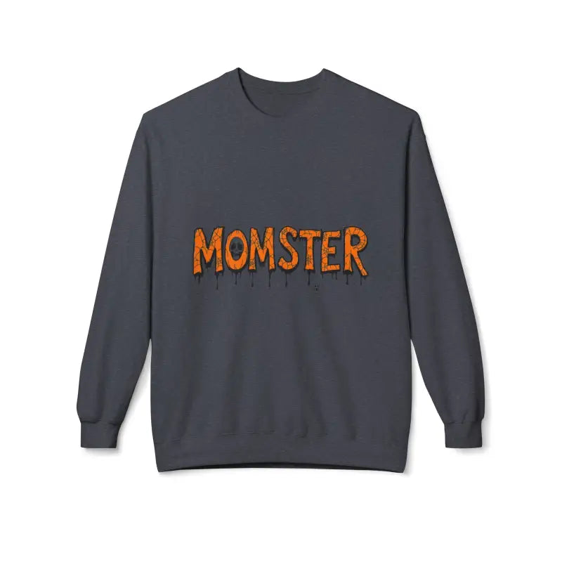 Dark gray long-sleeved sweatshirt with MOMSTER distressed orange lettering, crewneck style