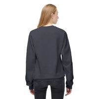 Dark gray long-sleeved crew neck sweatshirt worn by a woman with MOMSTER dripping letter design