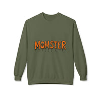 Olive green long-sleeve crewneck sweatshirt with MOMSTER dripping orange letters