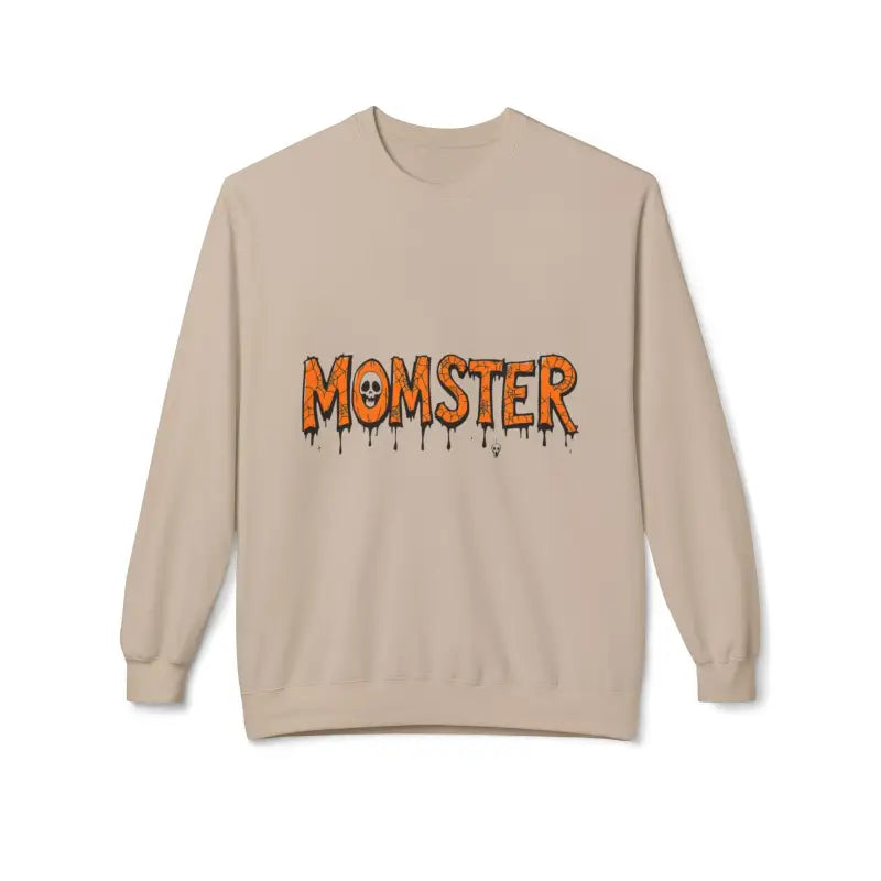 Beige long-sleeved crewneck sweatshirt featuring MOMSTER dripping letter graphic