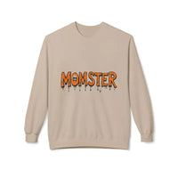 Beige long-sleeved crewneck sweatshirt featuring MOMSTER dripping letter graphic