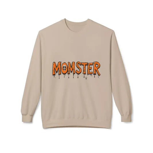 Beige long-sleeved crewneck sweatshirt featuring MOMSTER dripping letter graphic