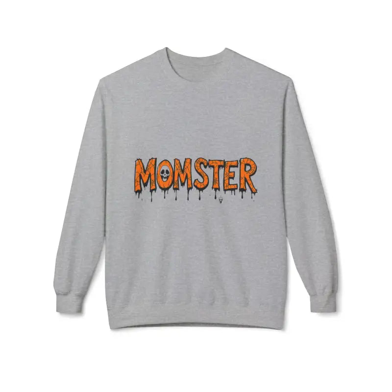 Grey crewneck sweatshirt featuring MOMSTER in orange dripping letter design